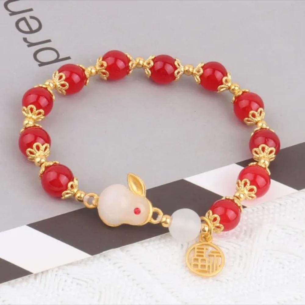 COPY - COPY - Gold Red White Jade Rabbit Bunny Stretch Bracelet - Picture 4 of 6